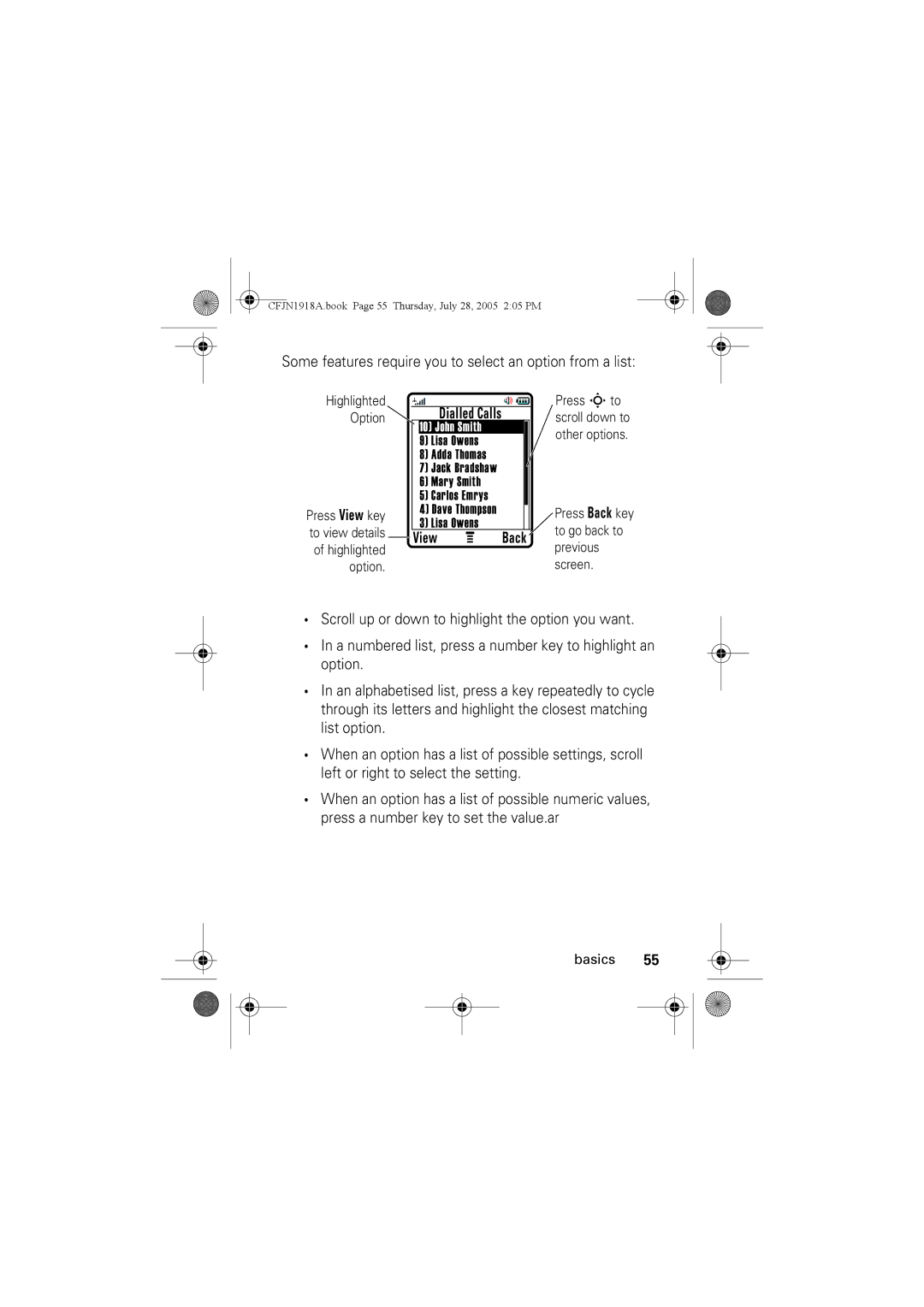 Motorola V360v manual Some features require you to select an option from a list, Dialled Calls 