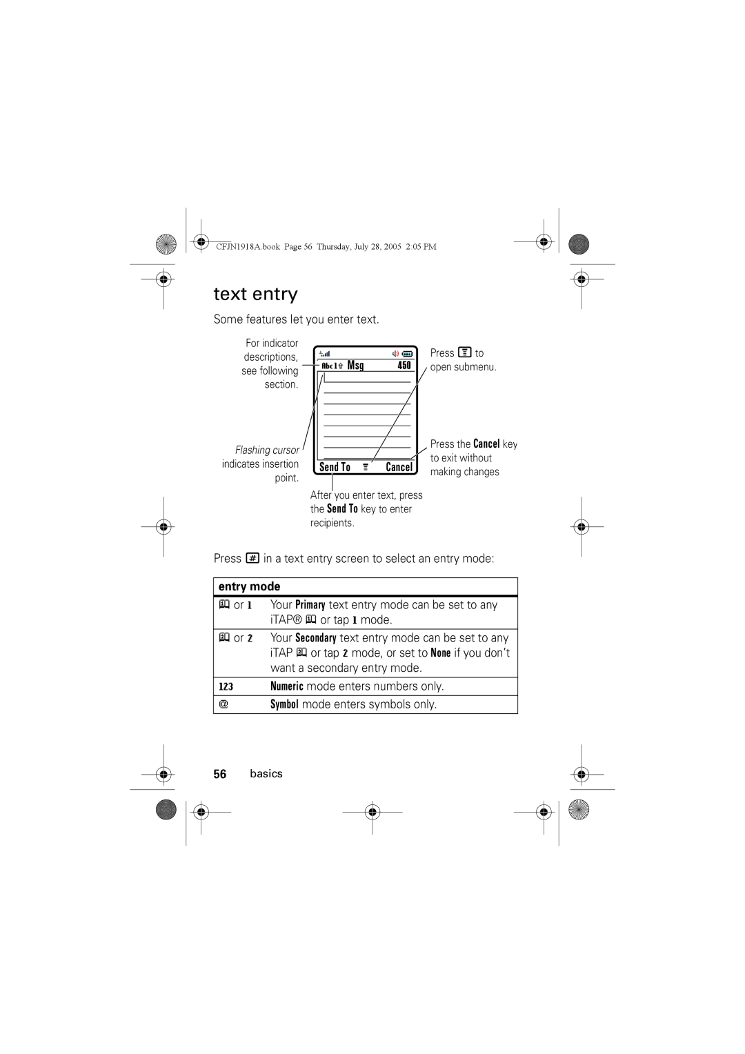 Motorola V360v manual Text entry, Some features let you enter text, Send To M, Entry mode 