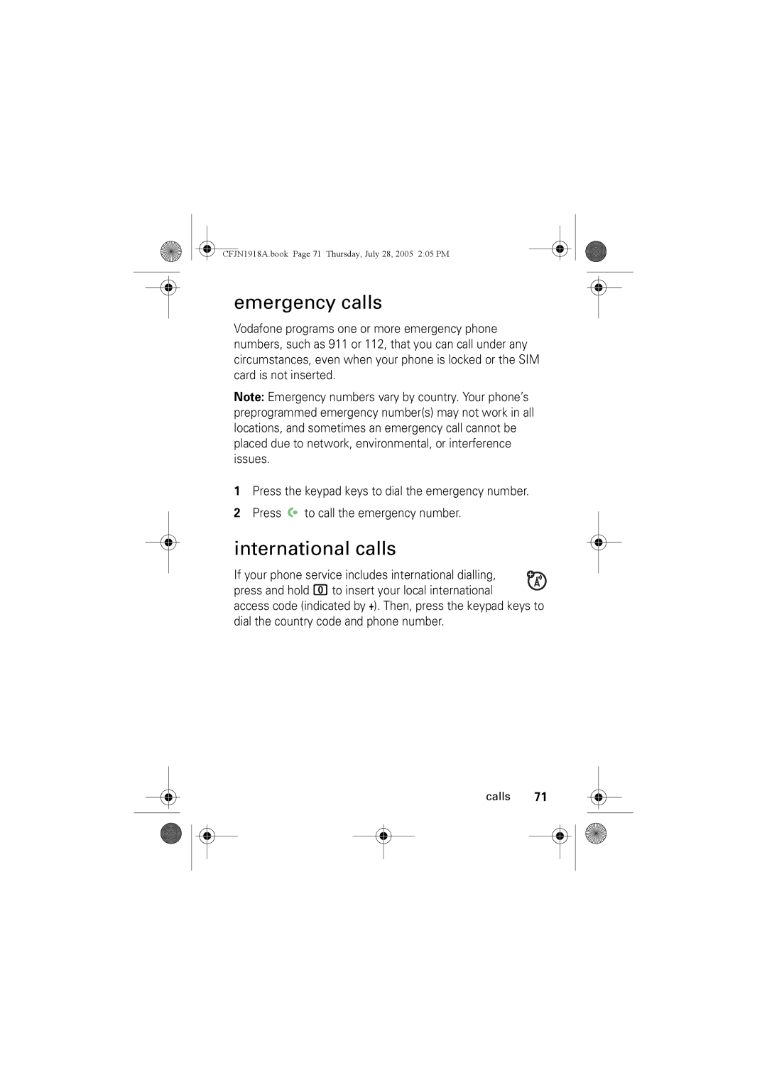 Motorola V360v manual Emergency calls, International calls 