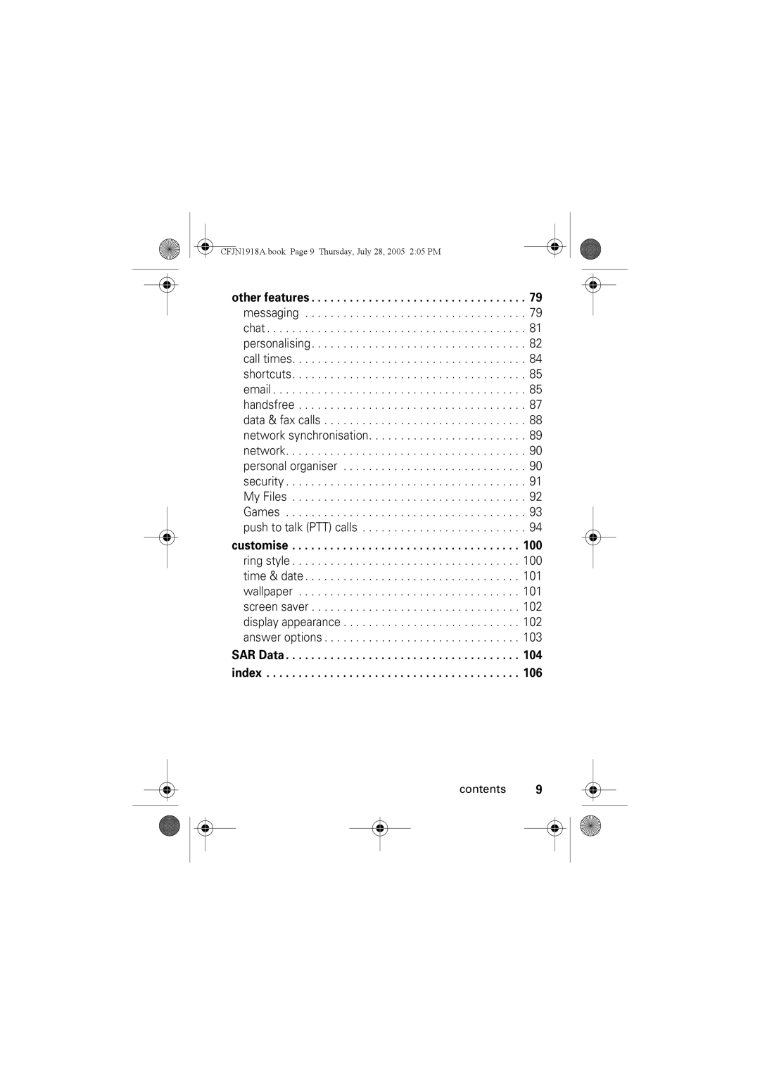 Motorola V360v manual CFJN1918A.book Page 9 Thursday, July 28, 2005 205 PM 