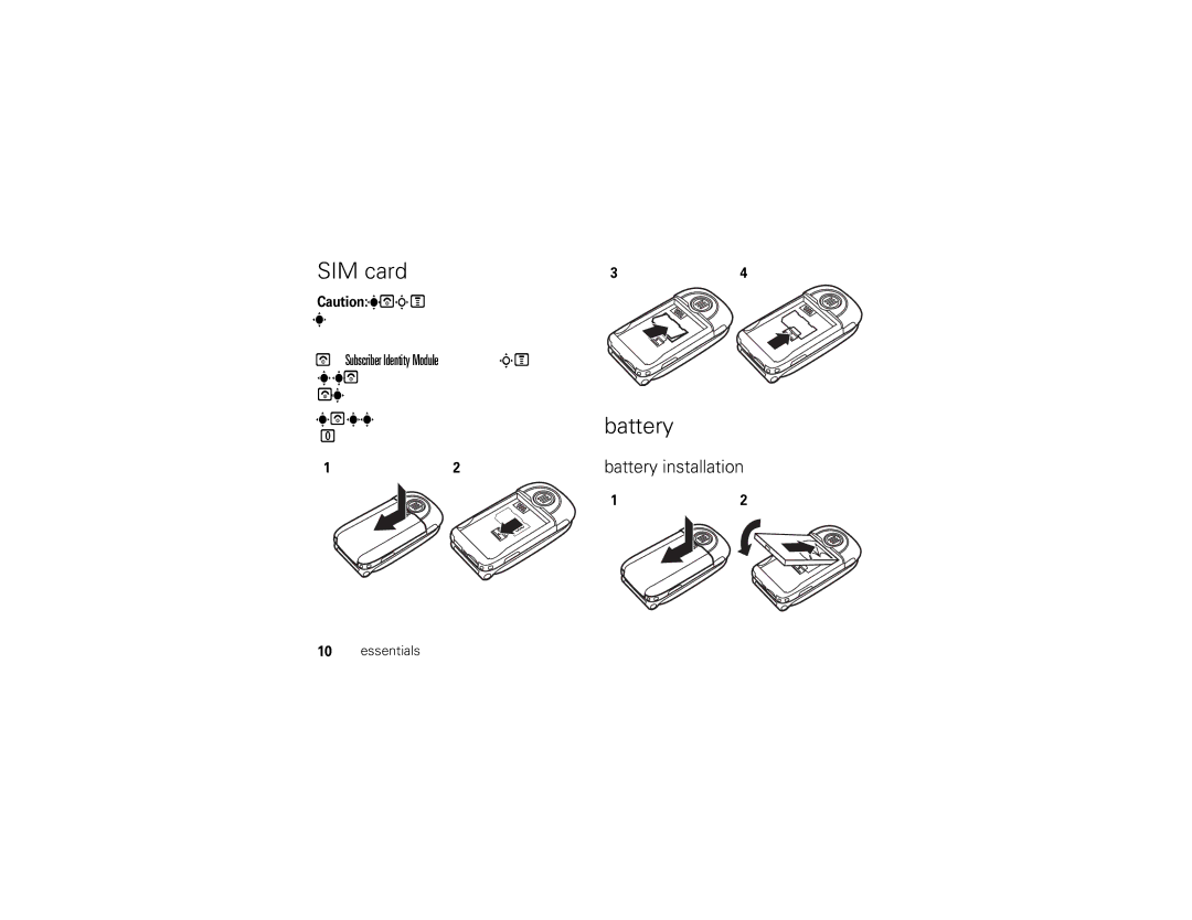 Motorola V361 manual SIM card, Battery installation, To insert and use a memory card, see 