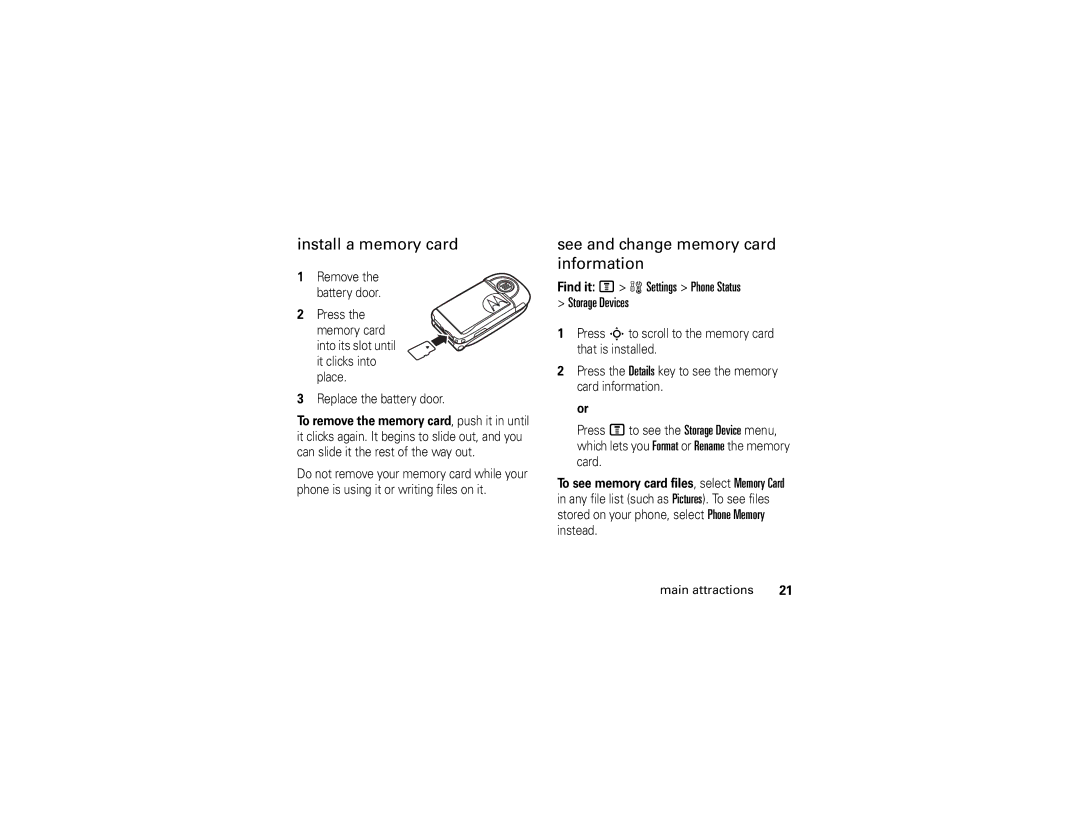 Motorola V361 manual Install a memory card, See and change memory card information 