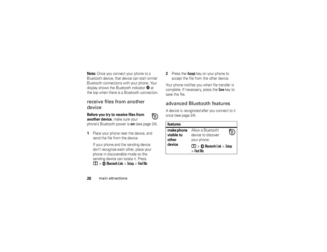 Motorola V361 manual Receive files from another device, Advanced Bluetooth features 