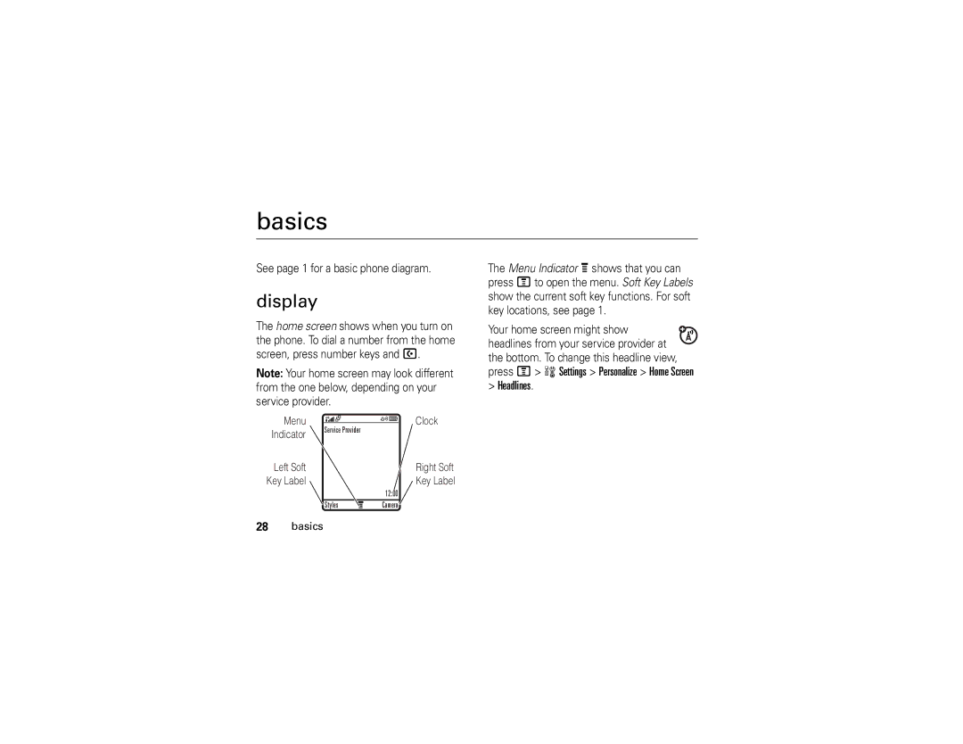 Motorola V361 manual Basics, Display, Headlines, See page 1 for a basic phone diagram 