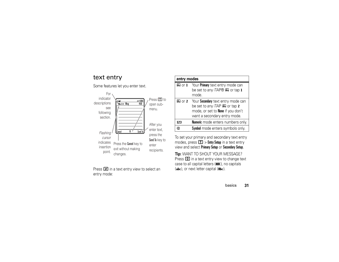 Motorola V361 manual Text entry, Some features let you enter text, Entry modes, Mode 