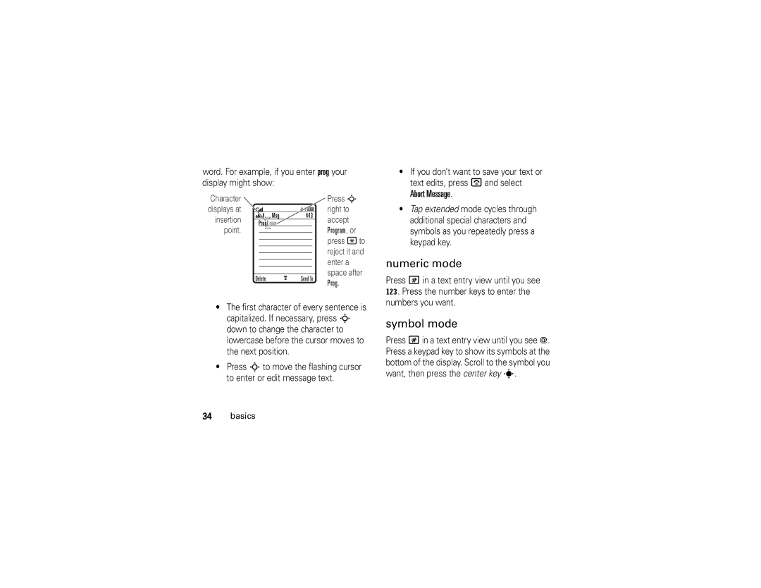 Motorola V361 manual Numeric mode, Symbol mode 