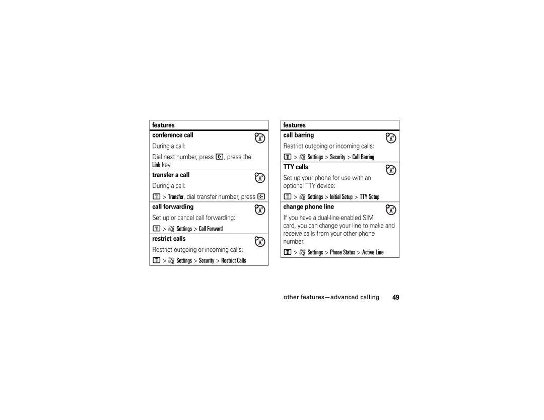 Motorola V361 manual Settings Call Forward, Settings Security Restrict Calls, Settings Security Call Barring 