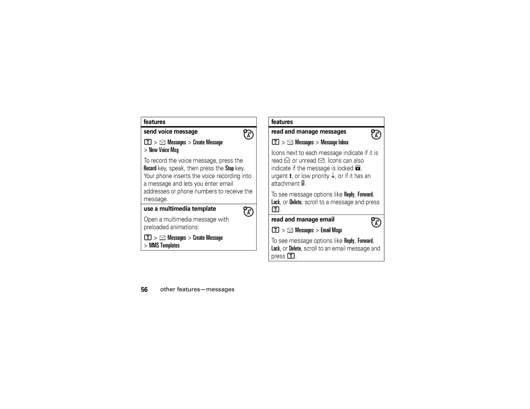 Motorola V361 manual Messages Create Message New Voice Msg, Messages Create Message MMS Templates, Messages Message Inbox 