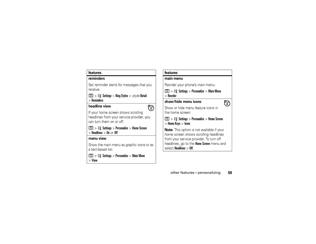 Motorola V361 manual Settings Ring Styles style Detail Reminders, Headlines On or Off, Settings Personalize Main Menu View 