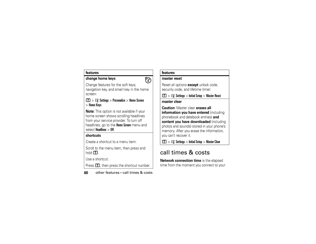 Motorola V361 Call times & costs, Home Keys, Settings Initial Setup Master Reset, Settings Initial Setup Master Clear 
