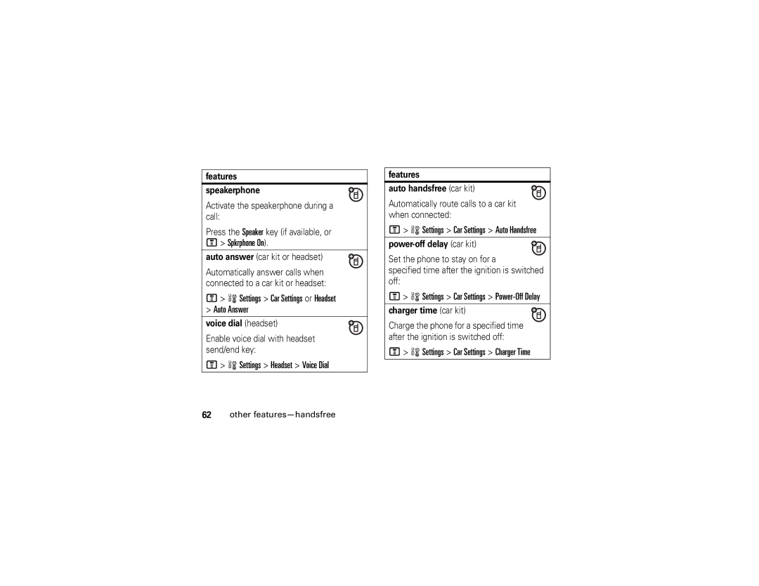 Motorola V361 manual Settings Car Settings or Headset Auto Answer, Settings Headset Voice Dial 