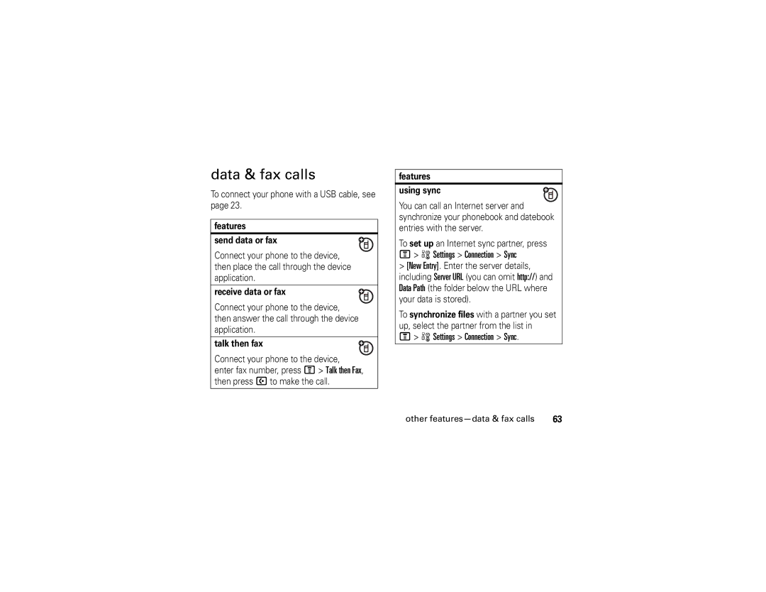 Motorola V361 manual Data & fax calls, Settings Connection Sync 