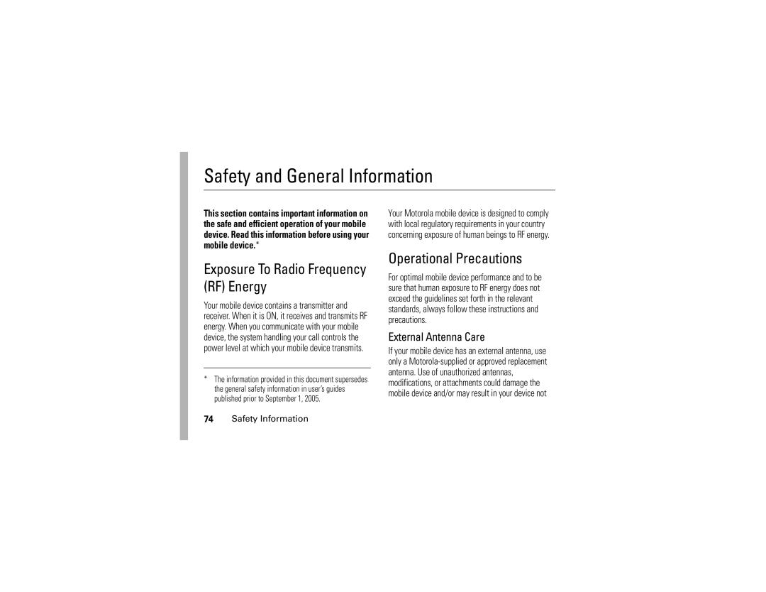 Motorola V361 manual External Antenna Care, Safety Information 