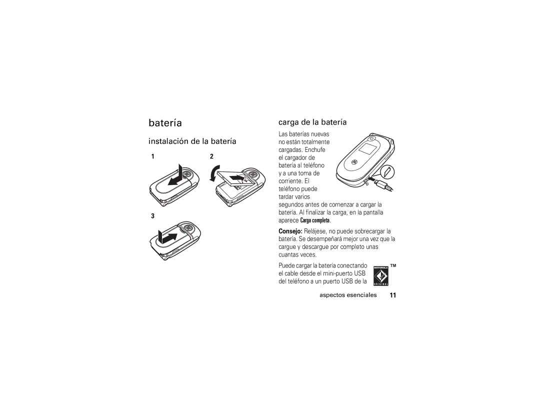 Motorola V365 manual Batería, Instalación de la batería Carga de la batería 