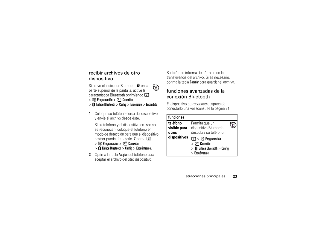 Motorola V365 manual Recibir archivos de otro dispositivo, Funciones avanzadas de la conexión Bluetooth 