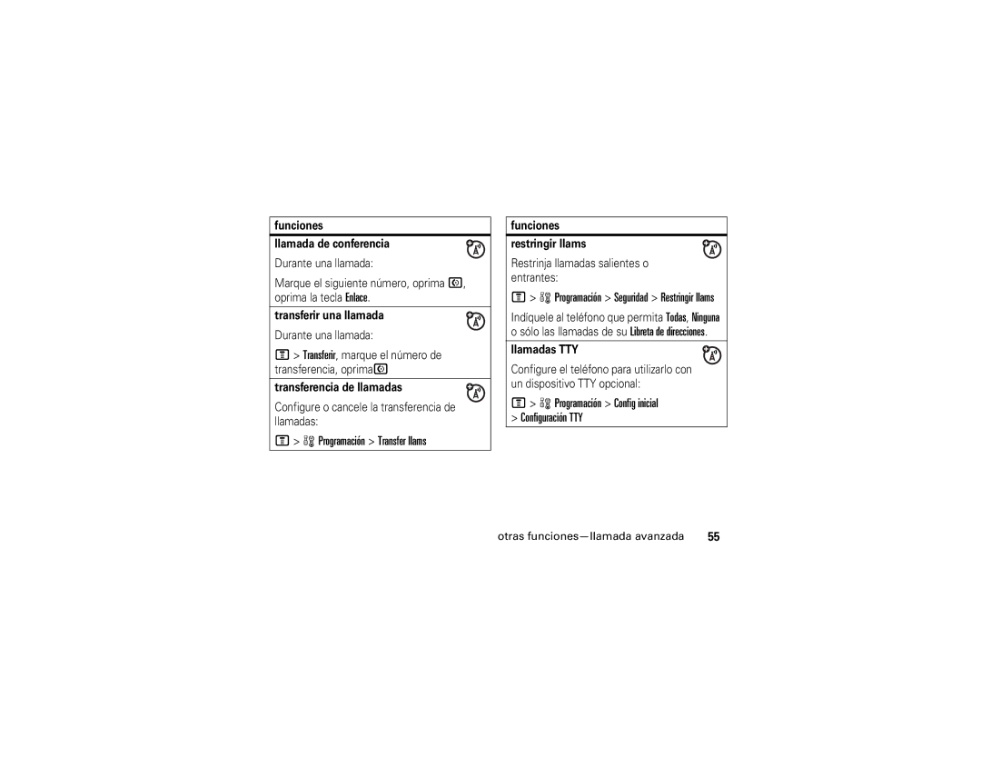 Motorola V365 manual Programación Transfer llams 