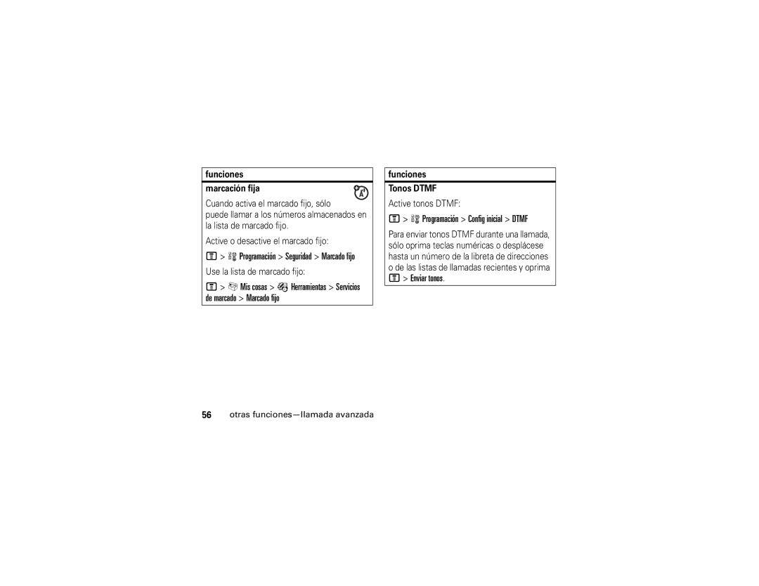 Motorola V365 manual Mis cosas É Herramientas Servicios de marcado Marcado fijo, Programación Config inicial Dtmf 