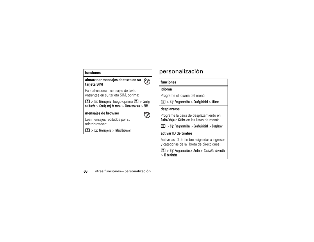 Motorola V365 manual Personalización, Mensajería Msjs Browser, Programación Config inicial Idioma 