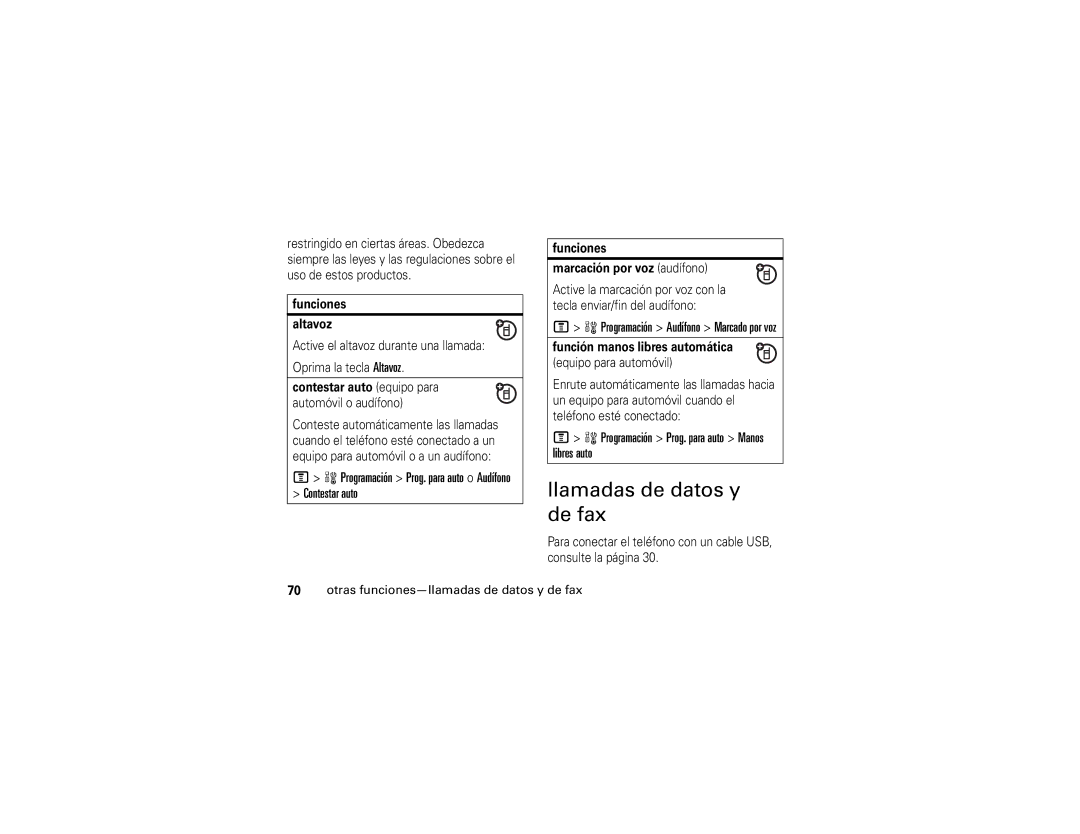 Motorola V365 manual Llamadas de datos y de fax, Programación Prog. para auto o Audífono Contestar auto 