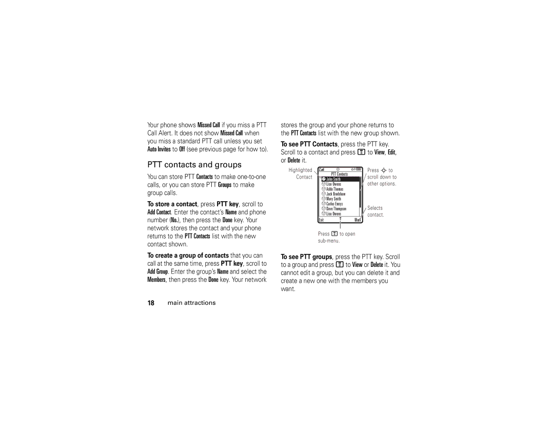 Motorola V365 manual PTT contacts and groups, Highlighted Contact 