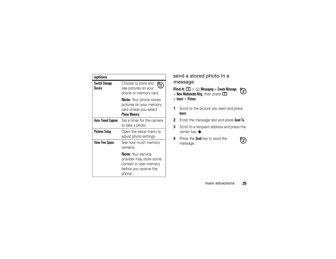 Motorola V365 manual Send a stored photo in a message, Device, Phone Memory, Pictures Setup, Insert 