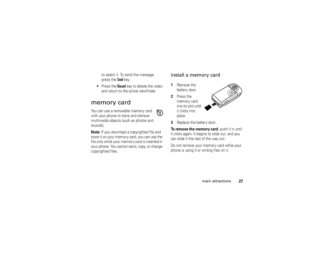 Motorola V365 manual Memory card, Install a memory card 