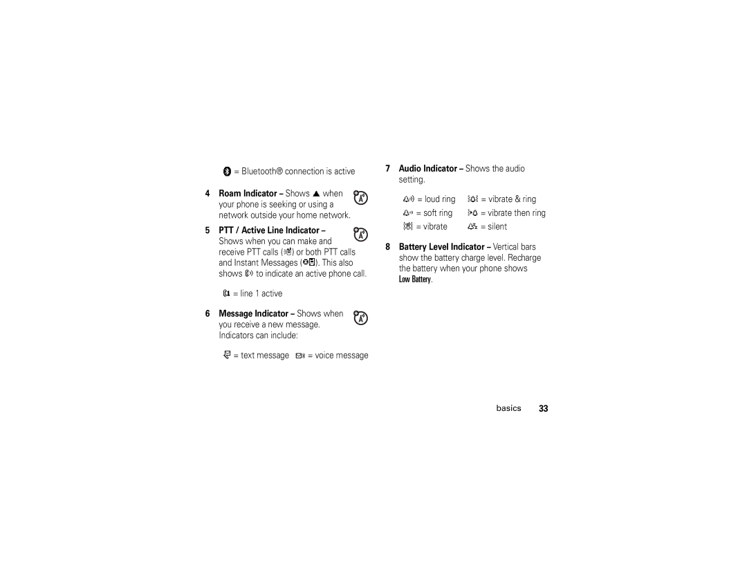 Motorola V365 manual Low Battery, Message Indicator Shows when, Audio Indicator Shows the audio setting 