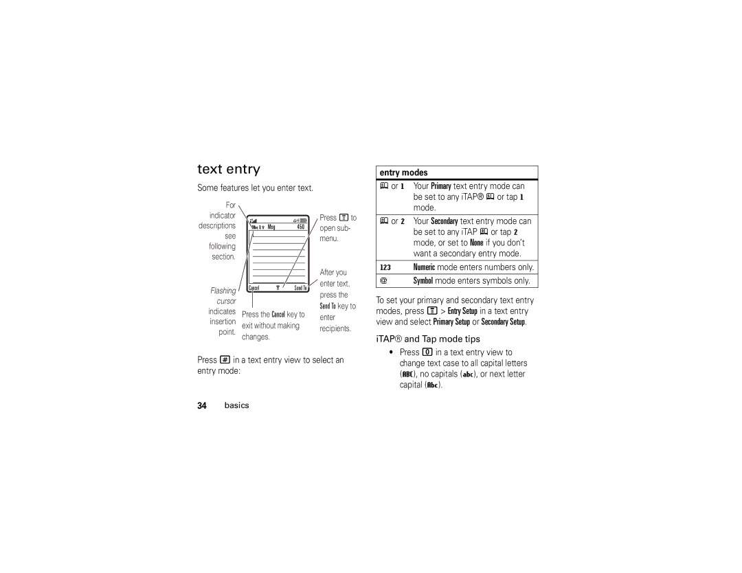 Motorola V365 manual Text entry, ITAP and Tap mode tips, Entry modes 