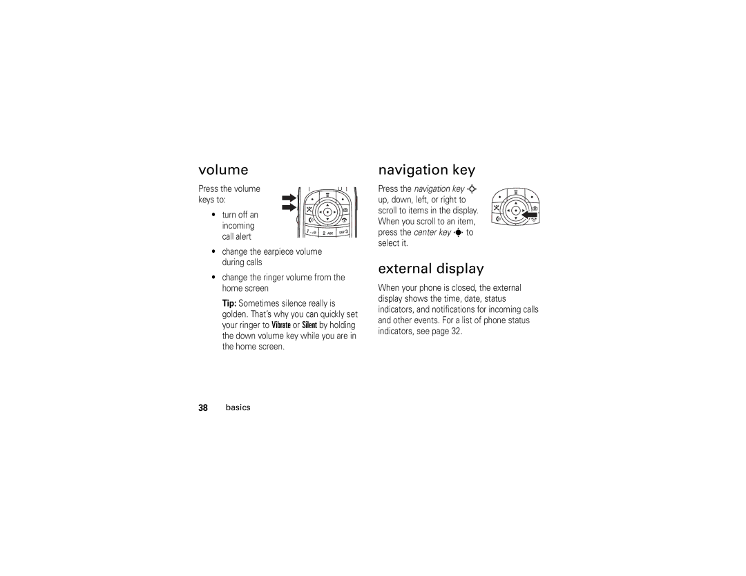 Motorola V365 manual Volume, Navigation key, External display 