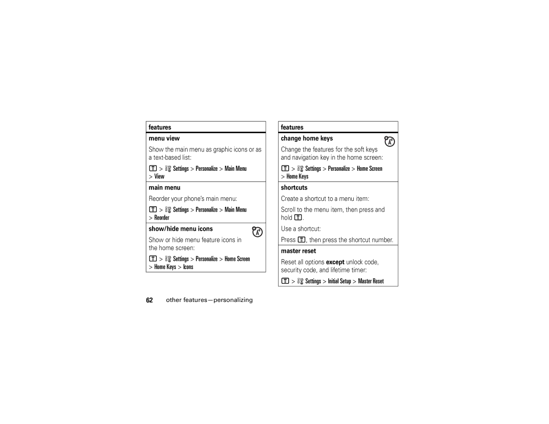 Motorola V365 manual Settings Personalize Main Menu View, Settings Personalize Main Menu Reorder 