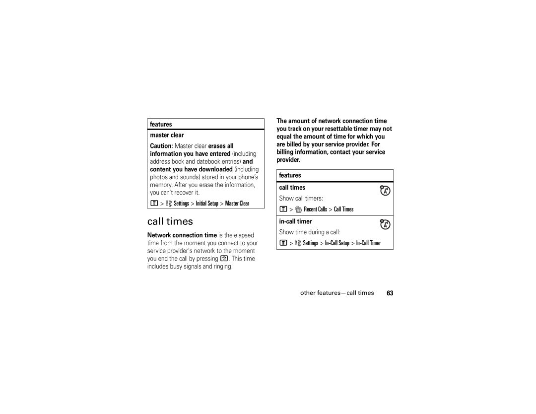 Motorola V365 manual Call times, Recent Calls Call Times, Settings In-Call Setup In-Call Timer, Other features-call times 