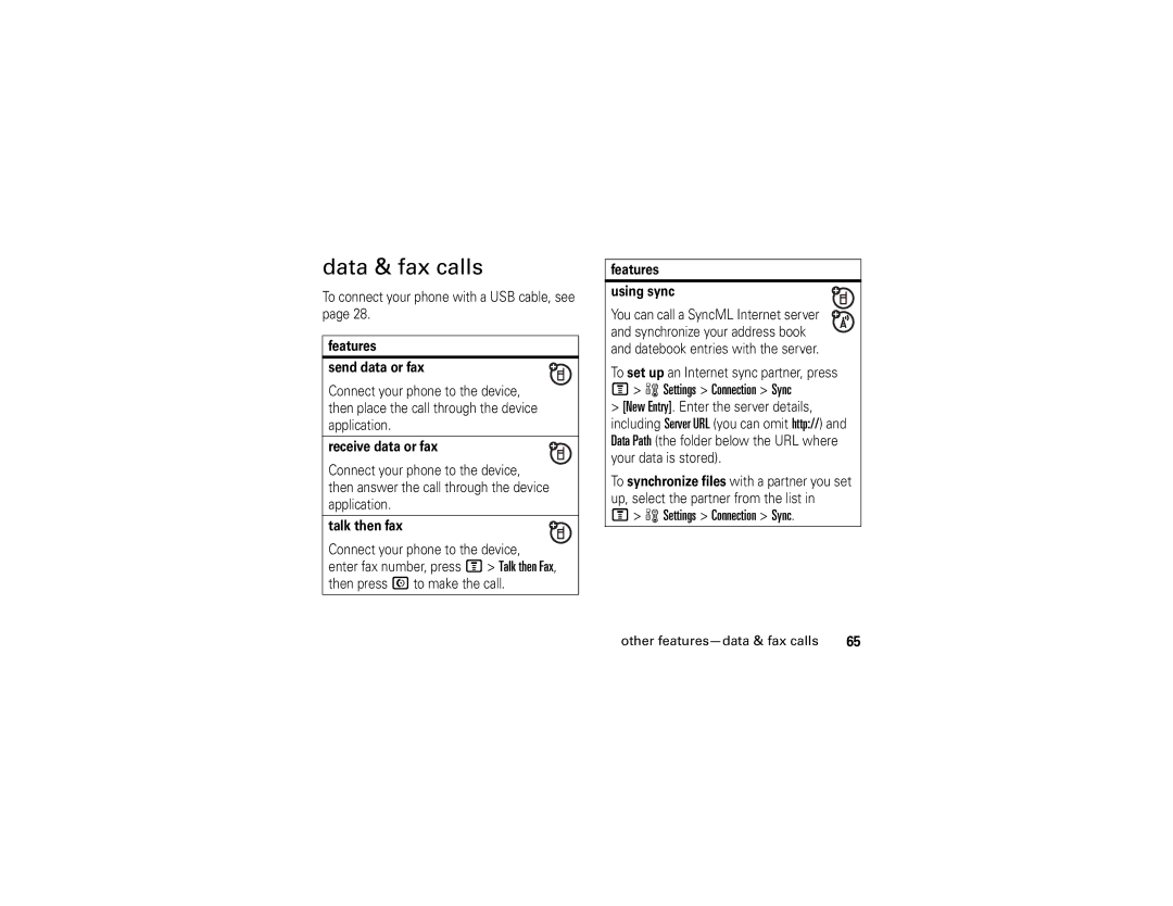 Motorola V365 manual Data & fax calls, Settings Connection Sync, Other features-data & fax calls 