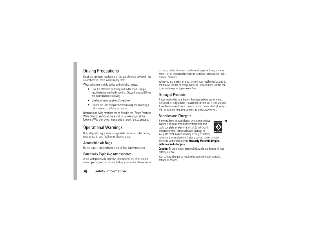 Motorola V365 manual Driving Precautions, Operational Warnings 