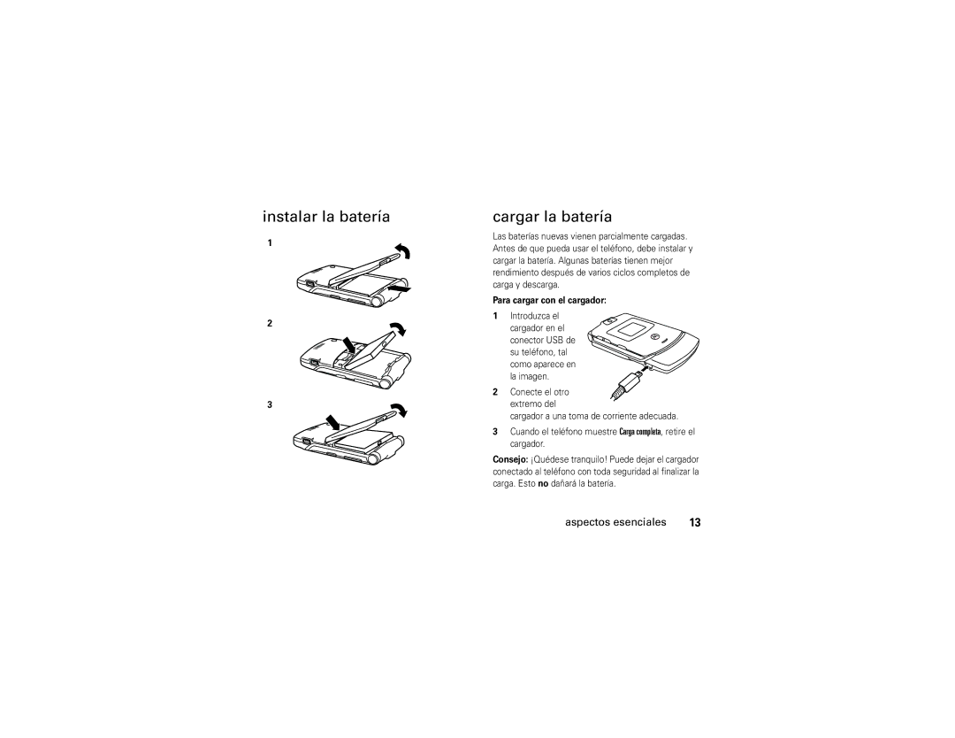 Motorola V3A manual Instalar la batería Cargar la batería, Para cargar con el cargador 