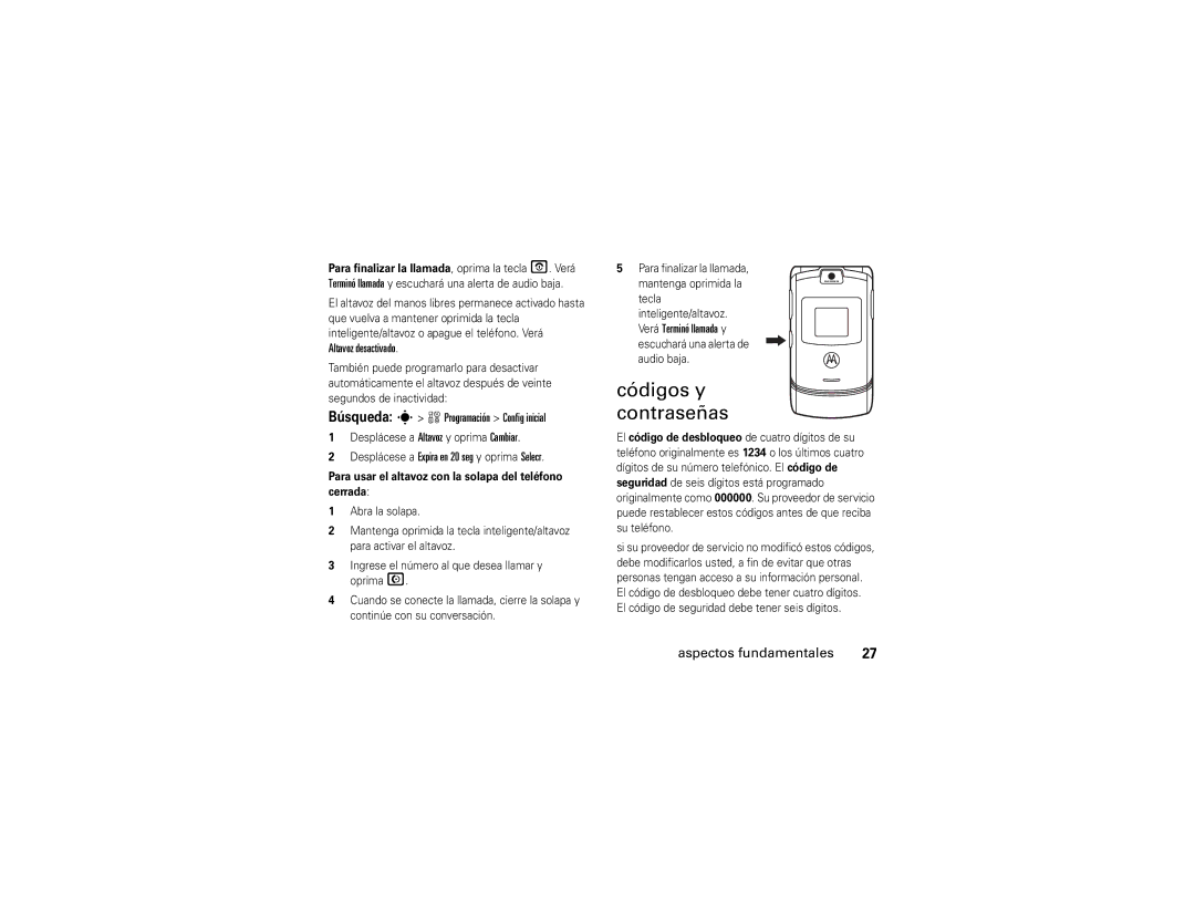 Motorola V3A Códigos y contraseñas, Altavoz desactivado, Búsqueda s w Programación Config inicial, Verá Terminó llamada y 