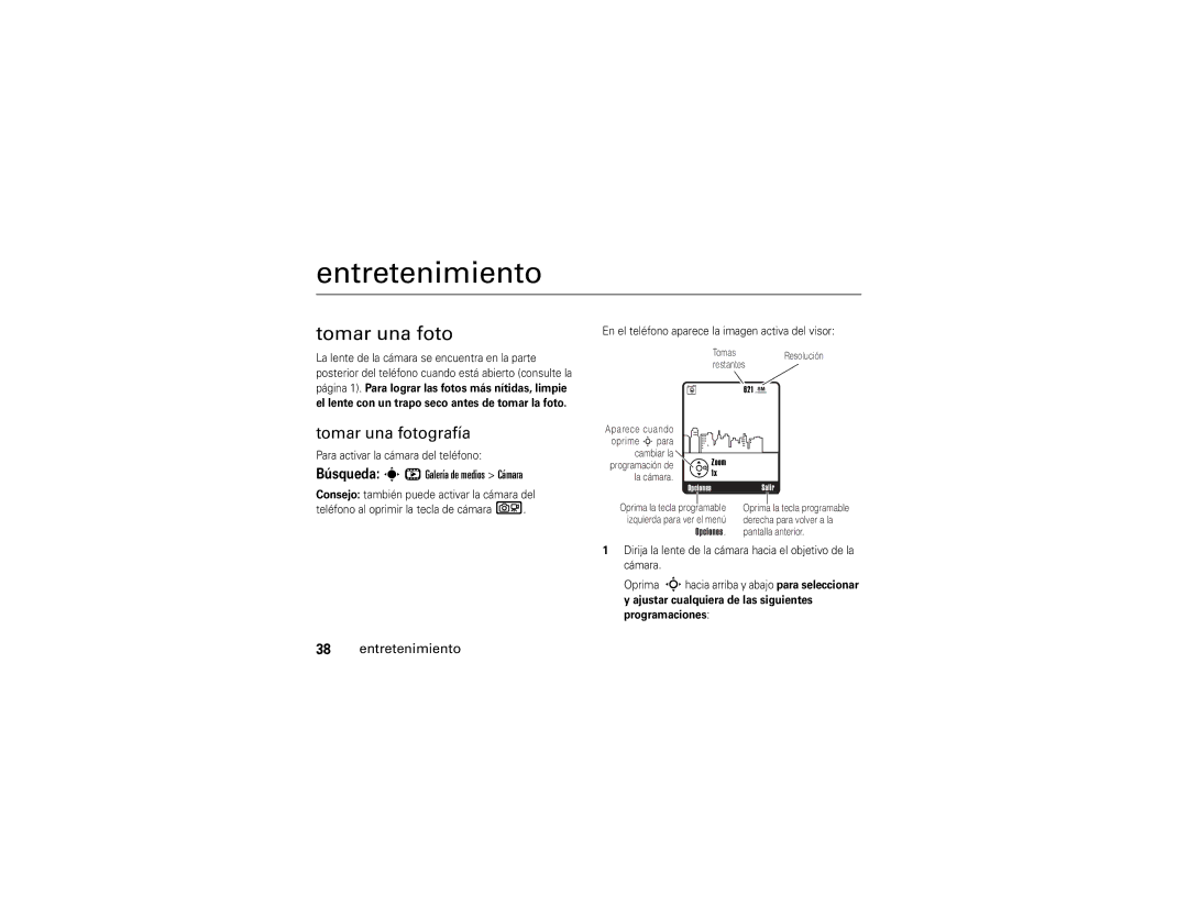 Motorola V3A manual Entretenimiento, Tomar una fotografía, Búsqueda sh Galería de medios Cámara 