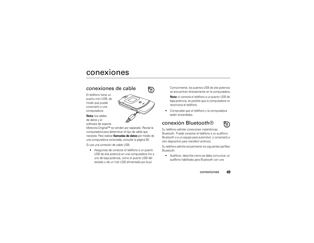 Motorola V3A manual Conexiones de cable, Conexión Bluetooth, Si usa una conexión de cable USB 