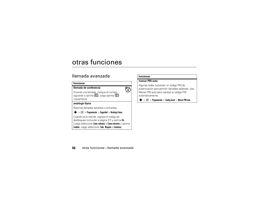 Motorola V3A manual Llamada avanzada, Otras funciones-llamada avanzada, Programación Seguridad Restringir llams 