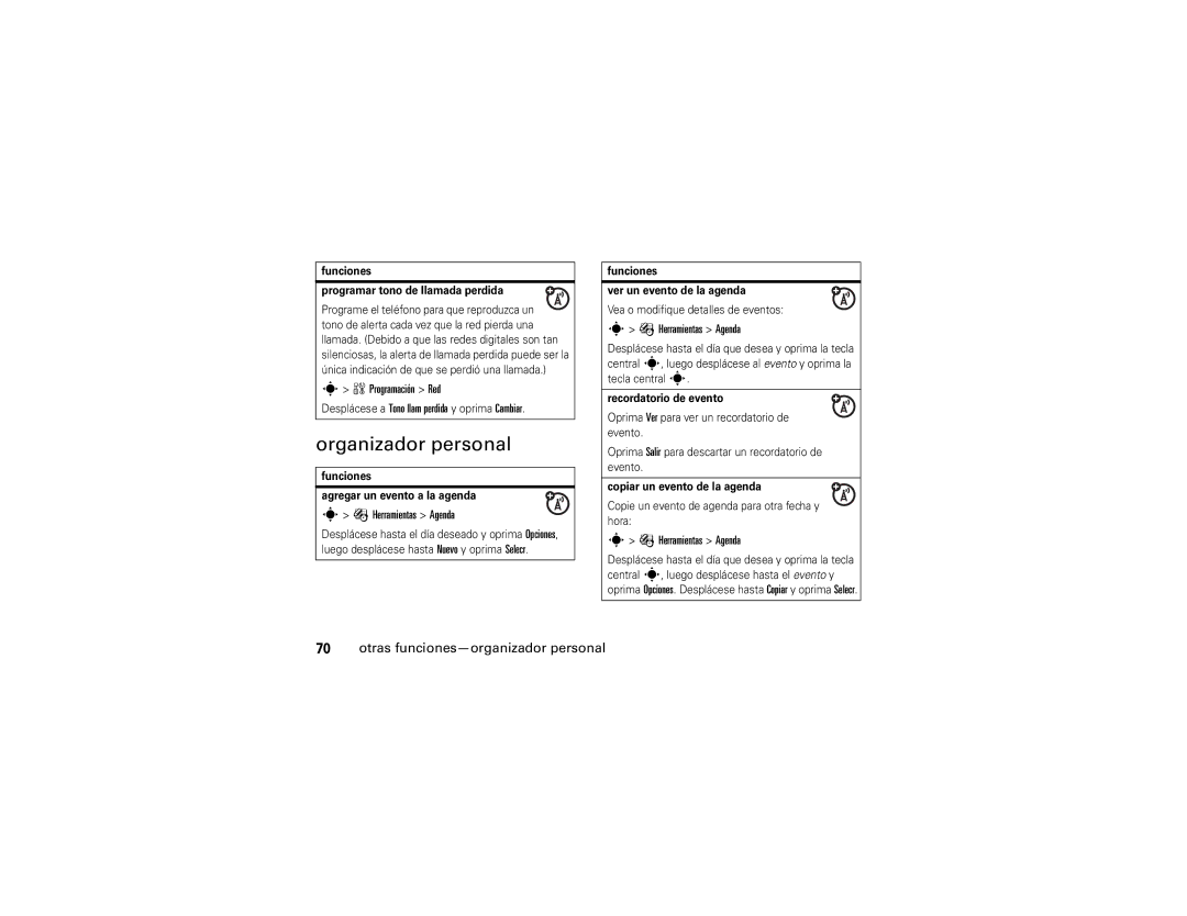Motorola V3A manual Organizador personal, Otras funciones-organizador personal, Herramientas Agenda 