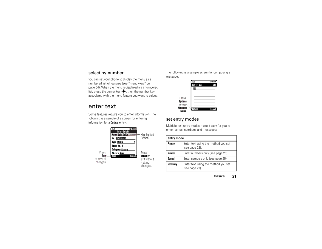 Motorola V3A manual Enter text, Select by number, Set entry modes, Following is a sample screen for composing a message 