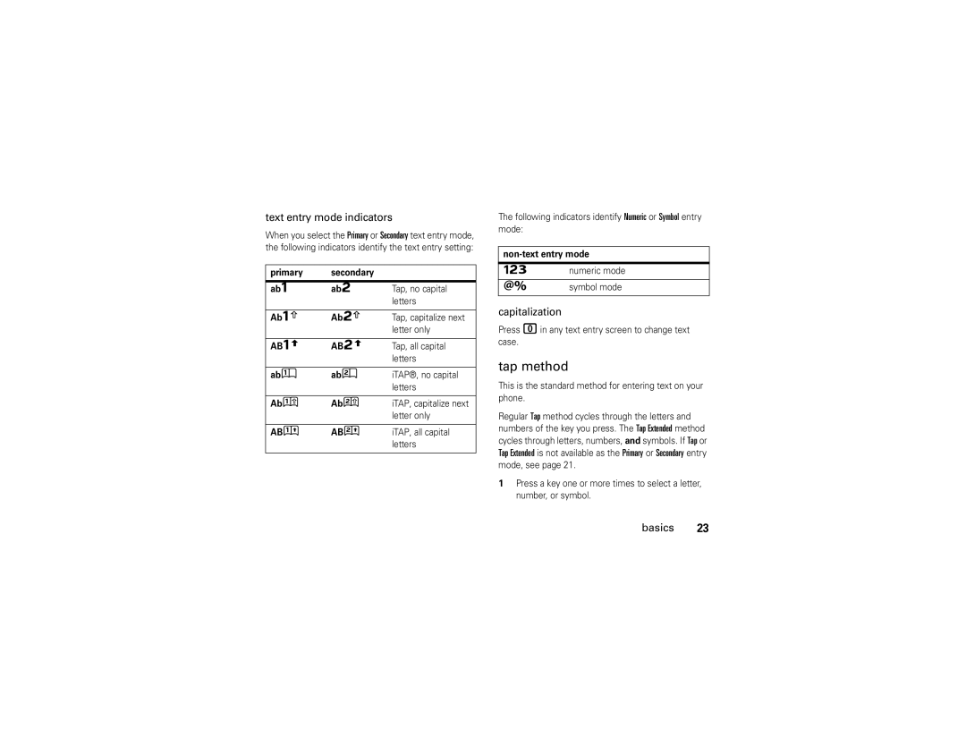 Motorola V3A manual Tap method, Text entry mode indicators, Capitalization, ABü ABû ITAP, all capital Letters 