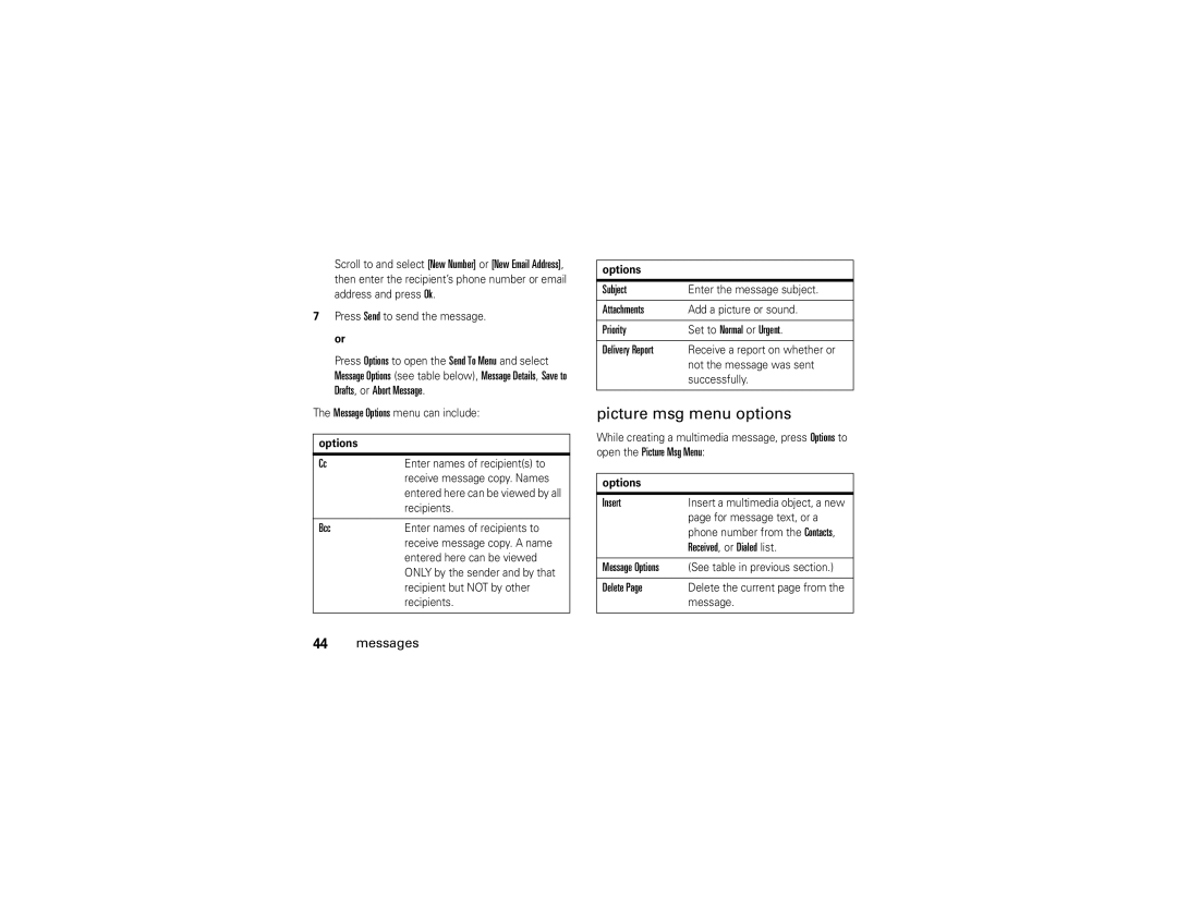 Motorola V3A manual Picture msg menu options 