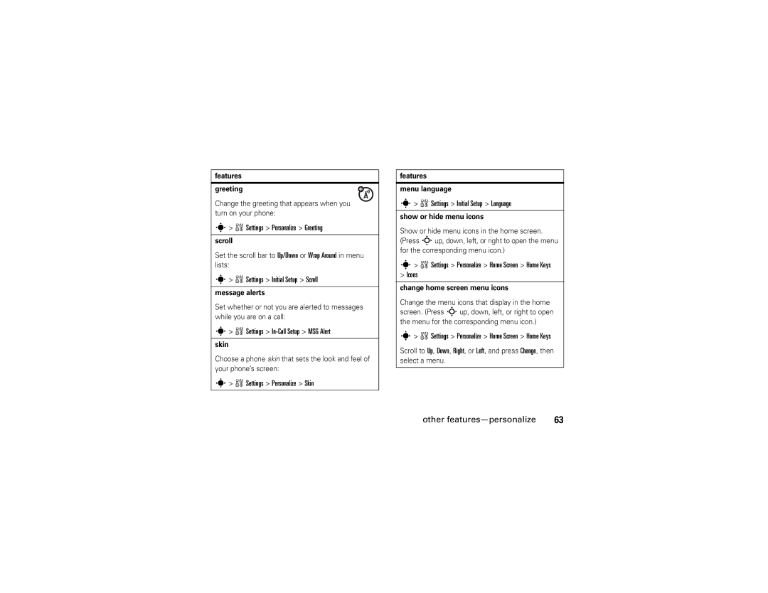 Motorola V3A manual Settings Personalize Greeting, Settings Initial Setup Scroll, Settings In-Call Setup MSG Alert, Icons 