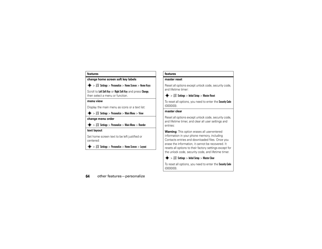 Motorola V3A manual Settings Personalize Main Menu View, Settings Personalize Main Menu Reorder 