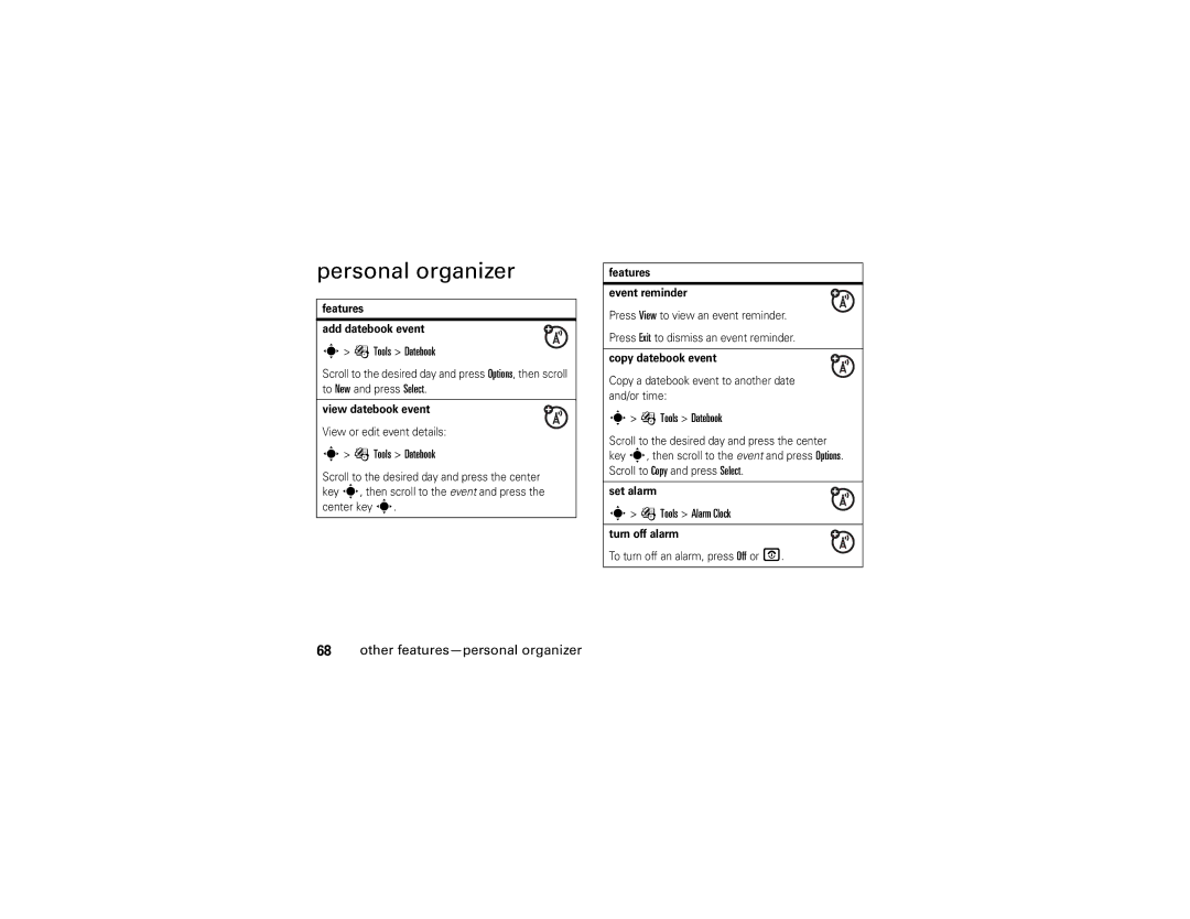 Motorola V3A manual Personal organizer, Other features-personal organizer, Tools Datebook, Tools Alarm Clock 
