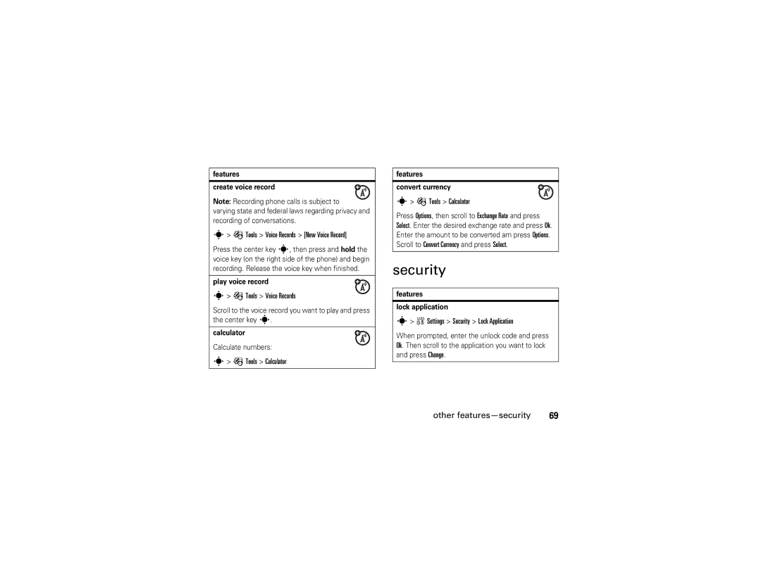 Motorola V3A manual Security, Other features-security 