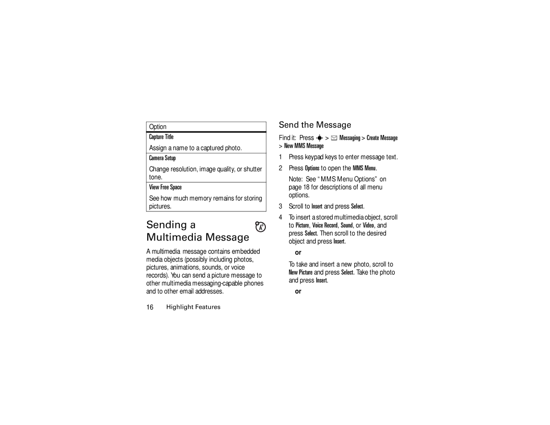 Motorola V3c manual Sending a Multimedia Message, Send the Message, Capture Title, Camera Setup, New MMS Message 