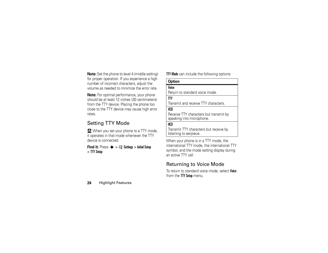 Motorola V3c manual Setting TTY Mode, Returning to Voice Mode, Find it Press s w Settings Initial Setup TTY Setup 