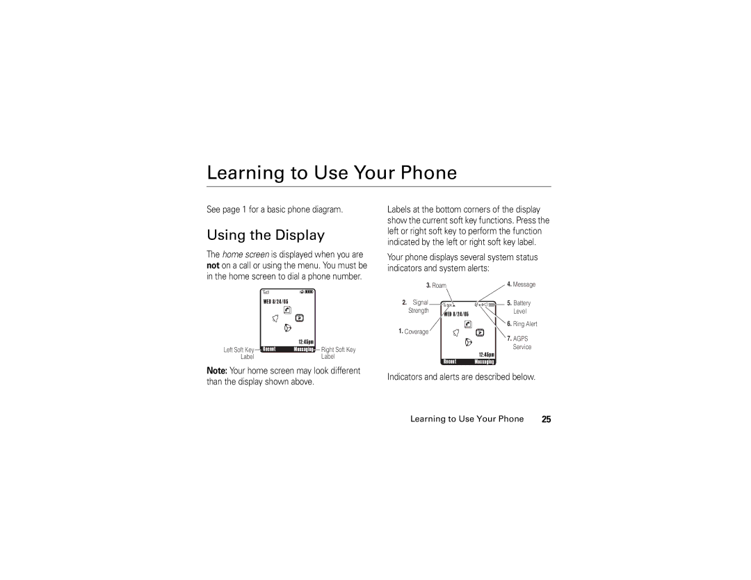 Motorola V3c manual Learning to Use Your Phone, Using the Display, See page 1 for a basic phone diagram 