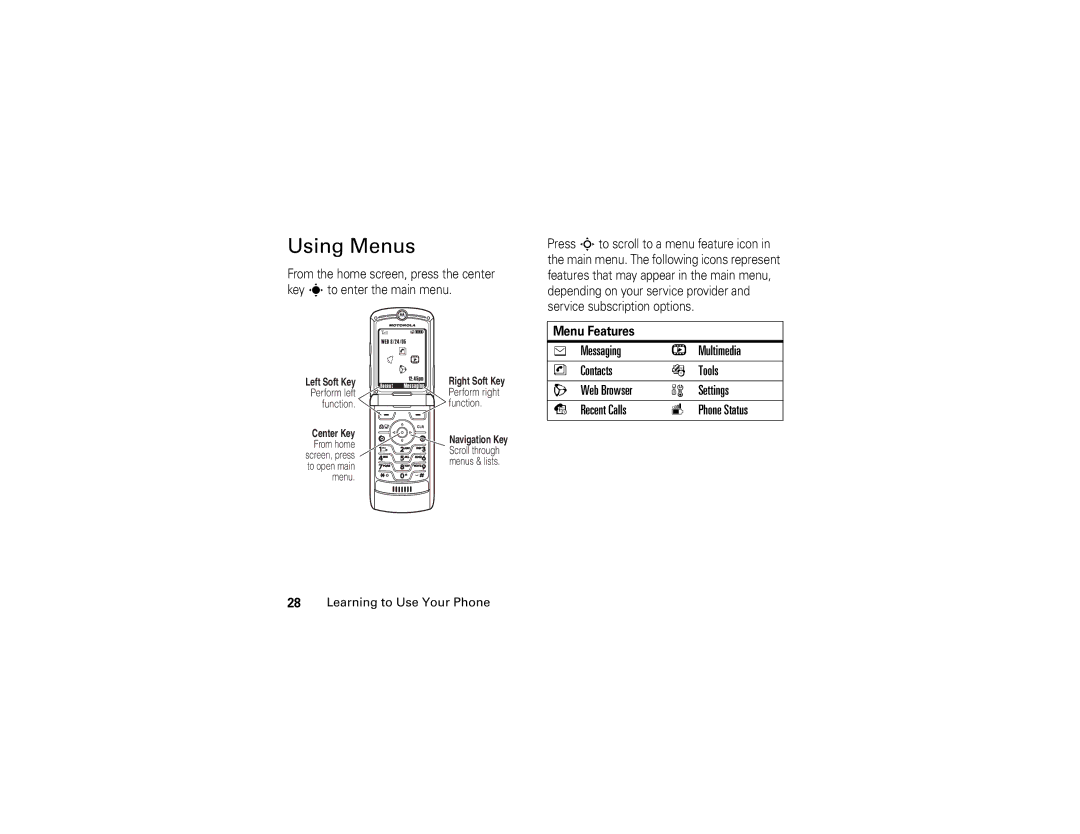 Motorola V3c manual Using Menus, Menu Features 